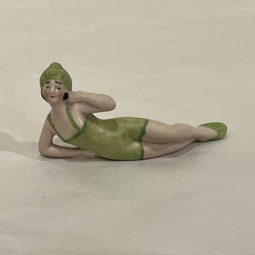 Antique German Art Deco Bisque Bathing Beauty Green Suit Cap Laying Germany 5684